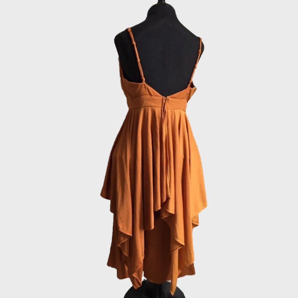 Vtg 70s Copper Asymmetric Hankie Hem Romper Dress… - image 5